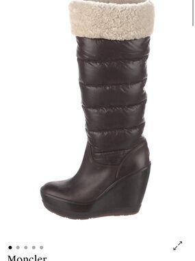 Moncler Dark Brown Wedge Boot with Cream Shearling Cuff